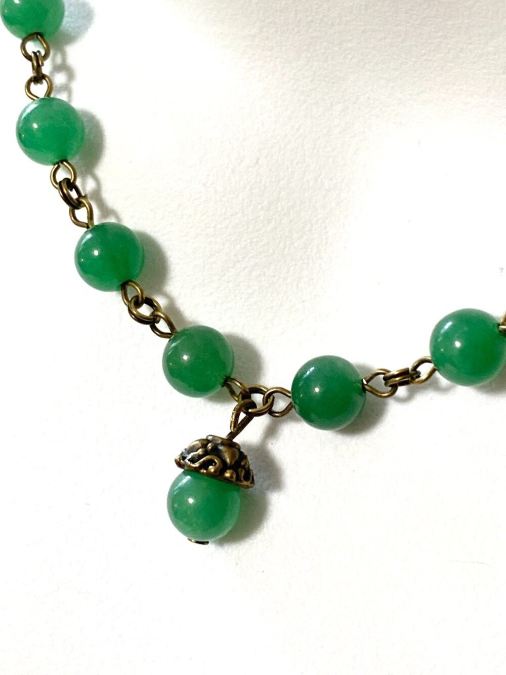 Natural Green Chalcedony Short Necklace, Gemstone & Bronze Acorn Pendant